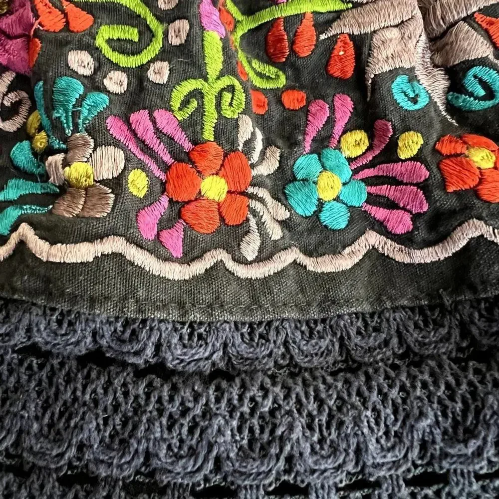 Artisan Mexican Embroidered Campesina Peasant Dress Girls 7-8 Black Boho